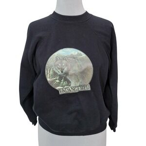 Vintage Hanes Her Way Wolf Endangered‎ Graphic Sweatshirt Black Large 90s USA